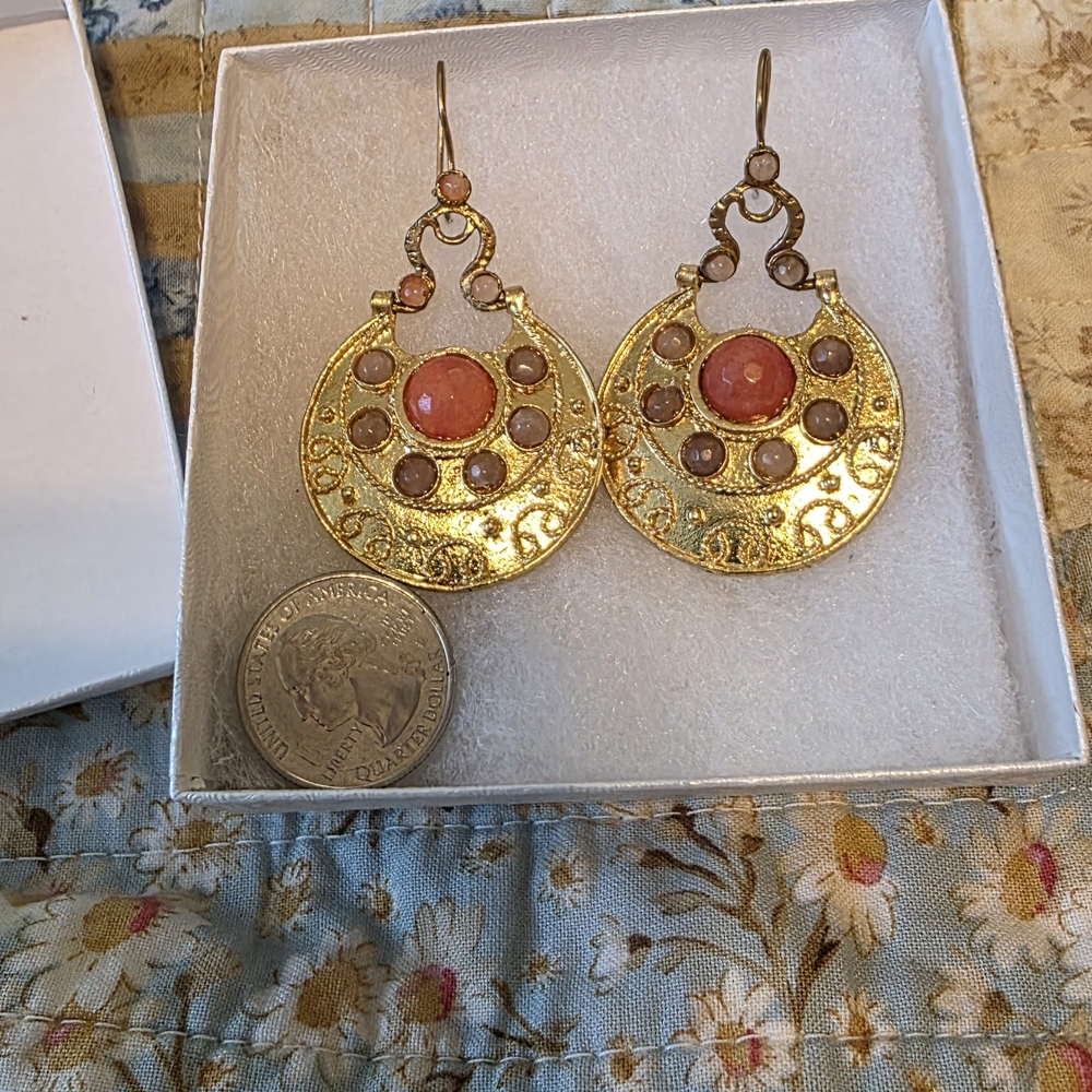 Gold-Tone Filigree Drop Earrings with Coral Cabochons